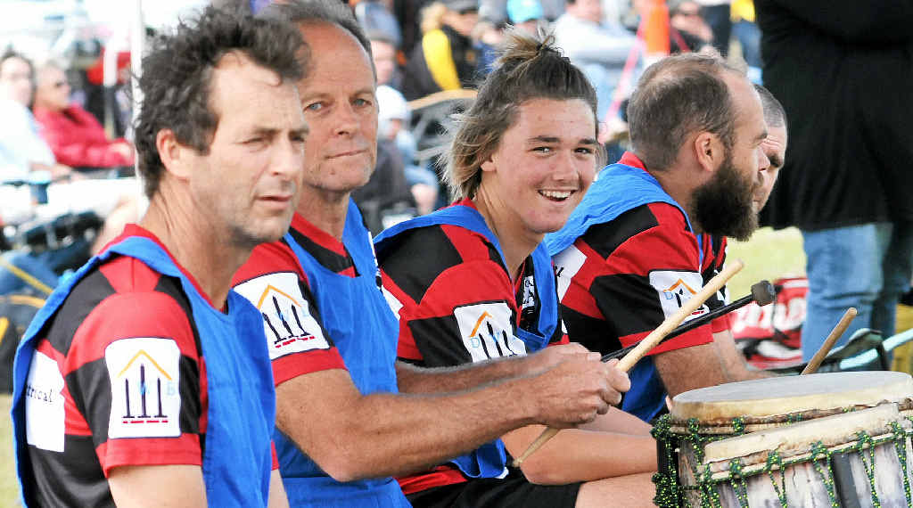 BEAT THE DRUM: The Tucabia Bears interchange bench spur on teammates with their musical influence during the 2014 NCF Men’s 3rd Division North grand final. PHOTO: LEIGH JENSEN BEAT THE DRUM: The Tucabia Bears interchange bench spur on teammates with their musical influence during the 2014 NCF Men’s 3rd Division North grand final. PHOTO: LEIGH JENSEN
